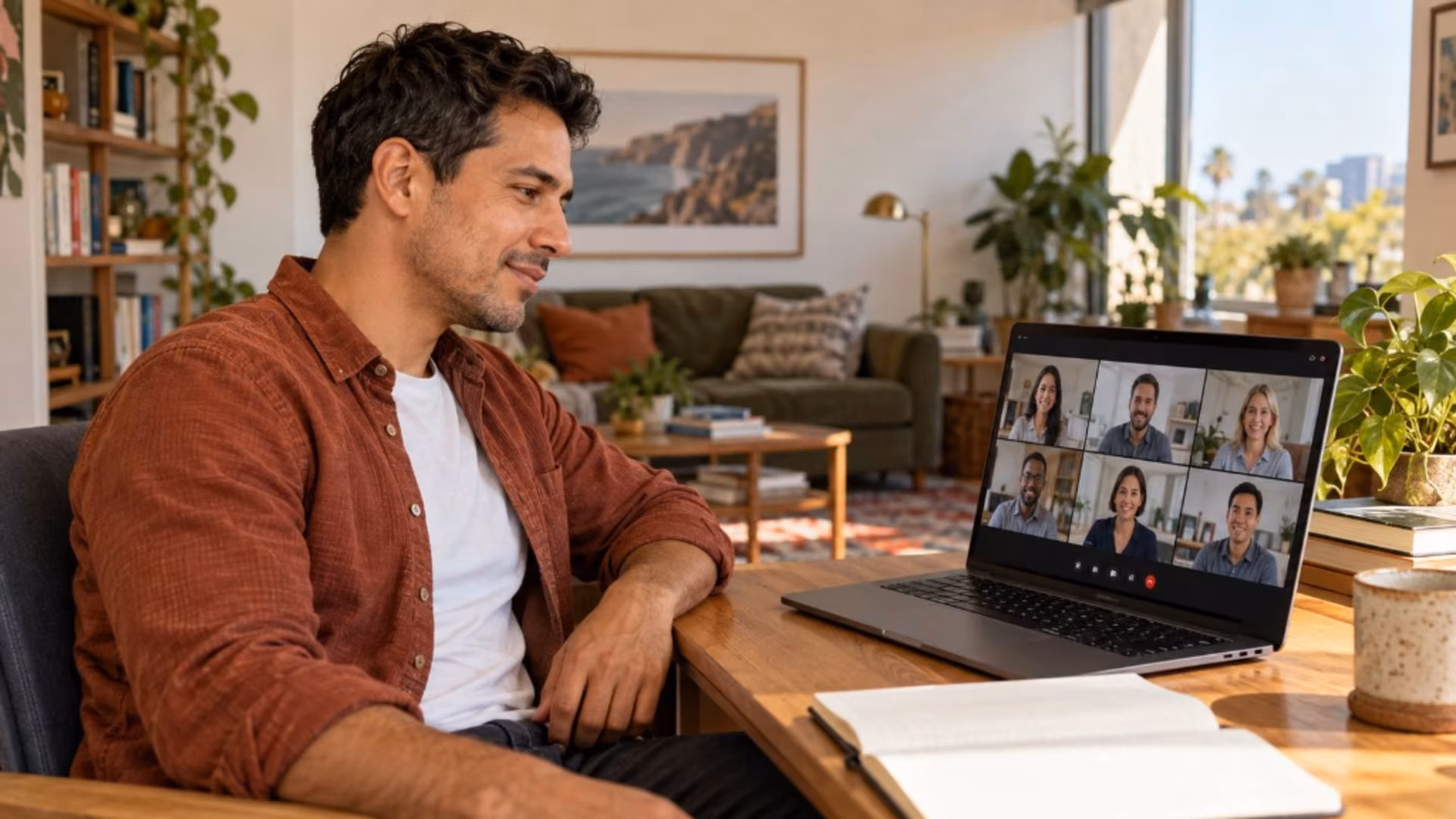A man in a rust shirt sits at a wooden desk on a video call, six people on the laptop screen, an open notebook in front of him