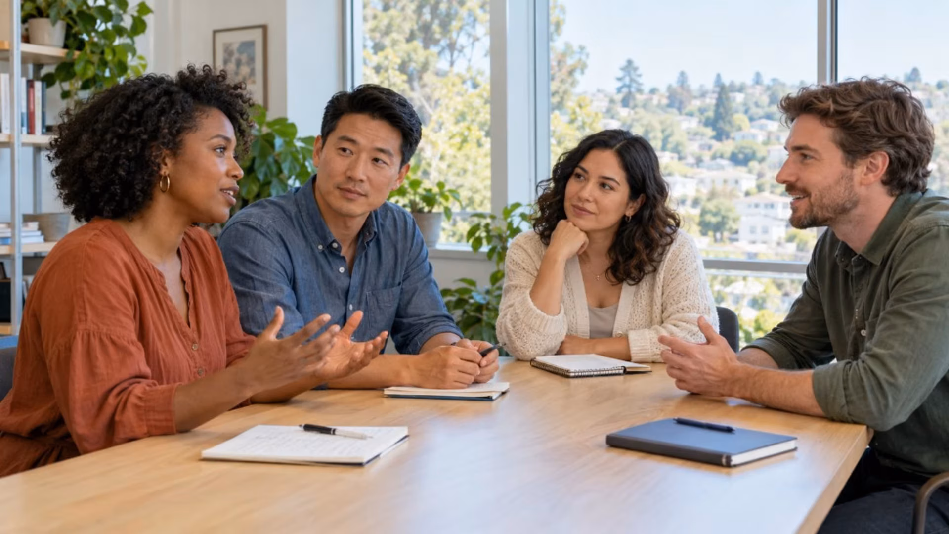 Four colleagues sit around a light wood conference table by a window, a woman in a rust blouse speaking with both hands open while the others listen