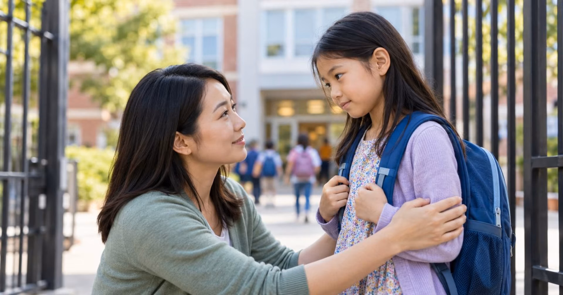 A parent offers a calm goodbye to her child at a school gate, a common moment in separation anxiety disorder