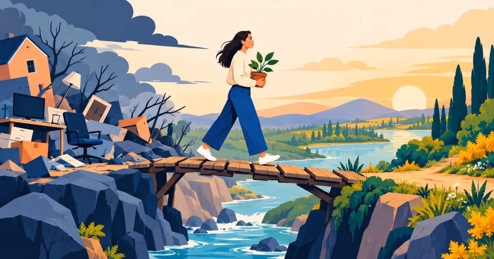 Illustration of a person crossing a bridge toward a new landscape, adapting after adjustment disorder with depressed mood