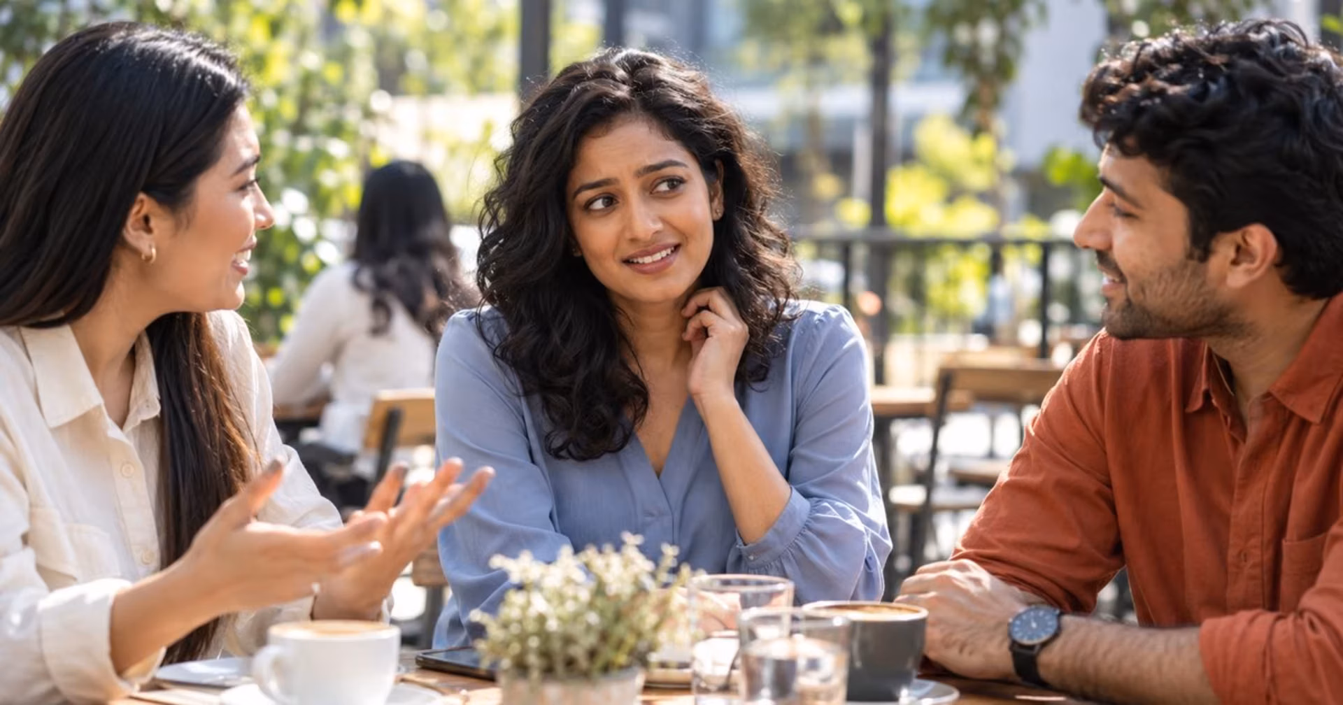 Woman joining a friendly cafe conversation while feeling mildly self-conscious.