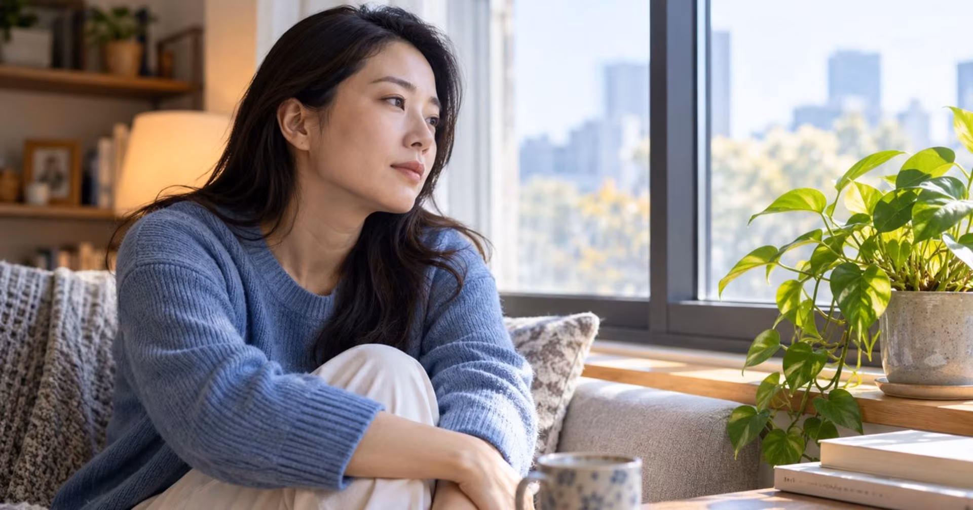 Woman sitting quietly near a bright window with a subdued expression of major depressive disorder.