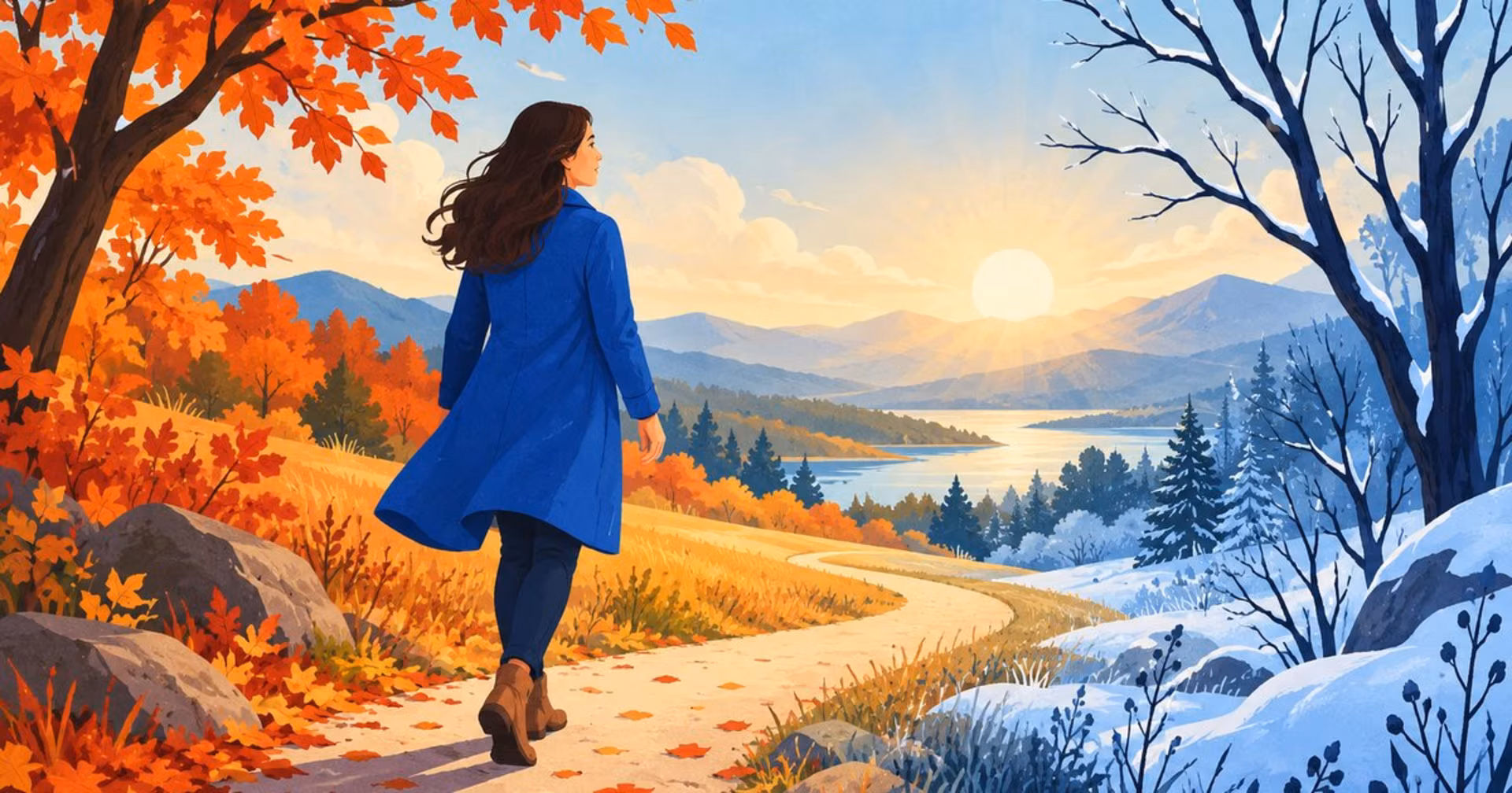 Illustration of a person moving through changing seasons, representing seasonal affective disorder.