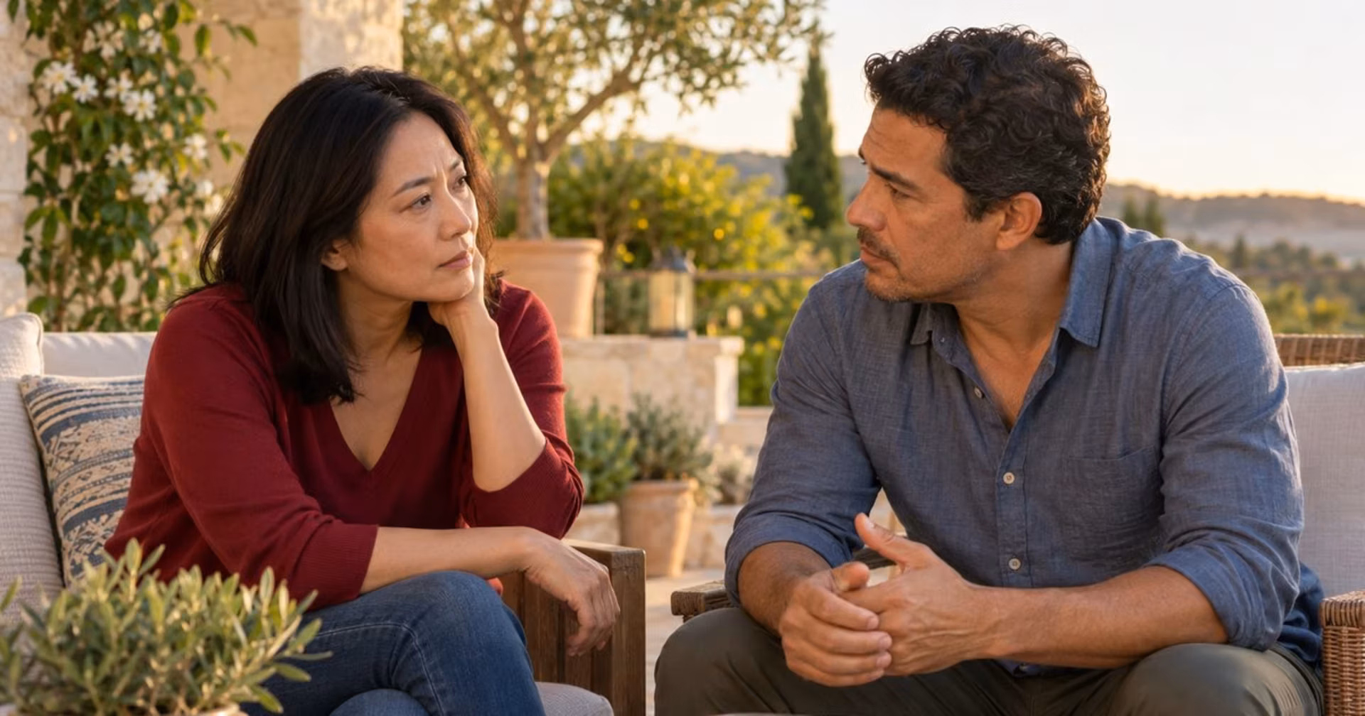 Midlife couple having an attentive conversation about perimenopause and relationship changes.