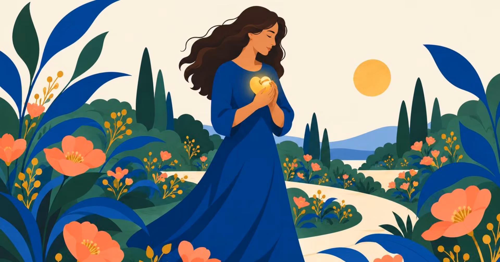 Illustration of a person carrying a golden memory through a garden, representing grief and bereavement.