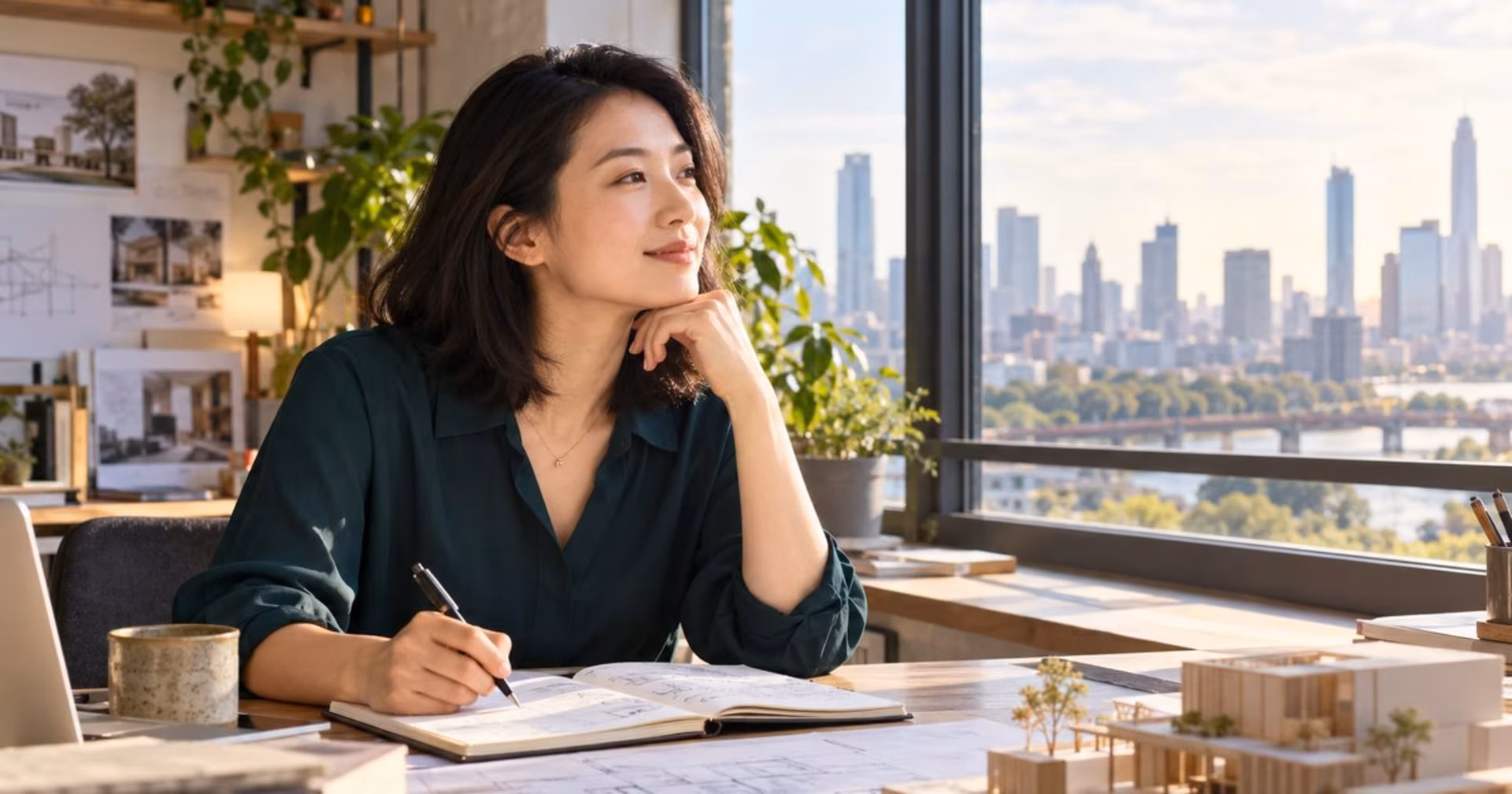Woman reflecting beside a studio window with a notebook and city view.
