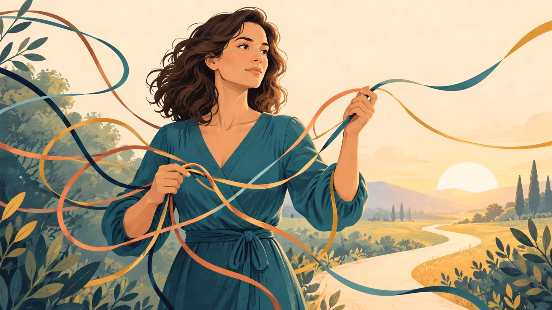A woman untangles surrounding threads in an illustration about recognizing coercive control and reclaiming autonomy.