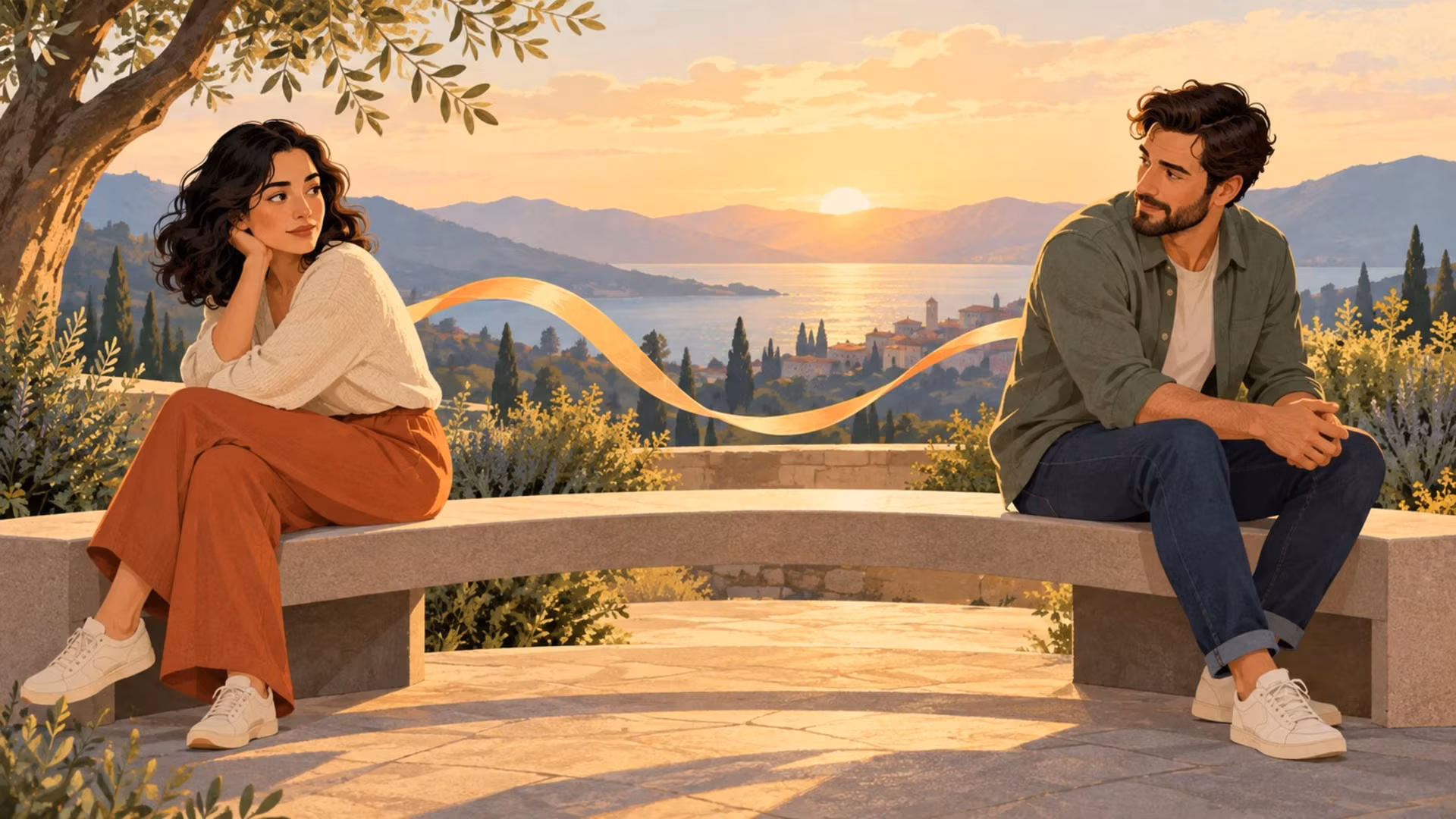 Two adults share a bench with space between them, illustrating the emotional distance of dismissive avoidant attachment and the possibility of connection.