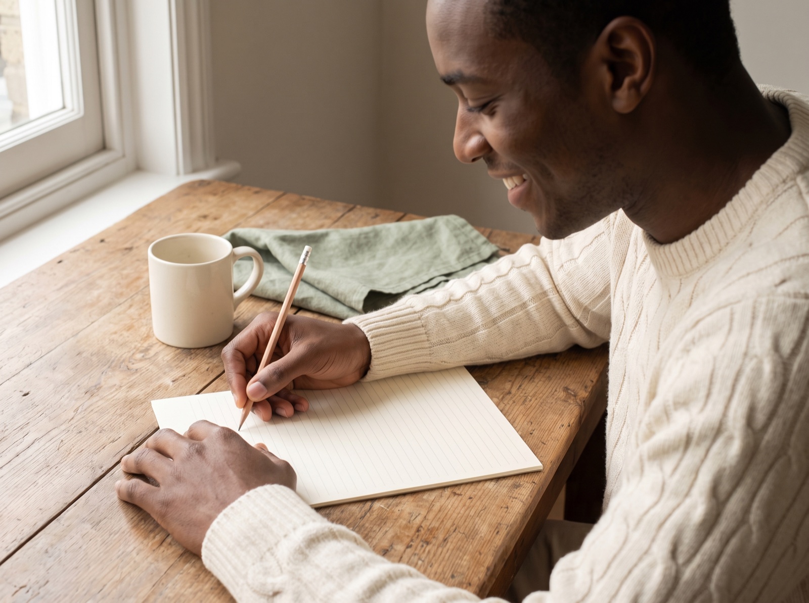 Young man smiling while filling out a self-care worksheet