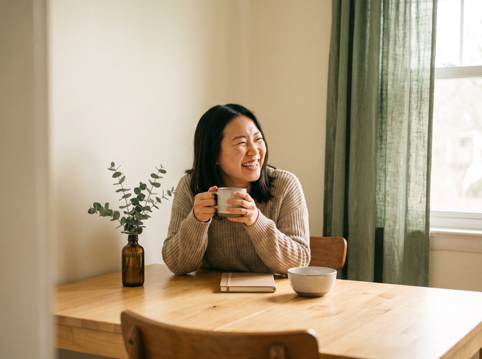 Young woman smiling at a sunlit table during a self-care moment