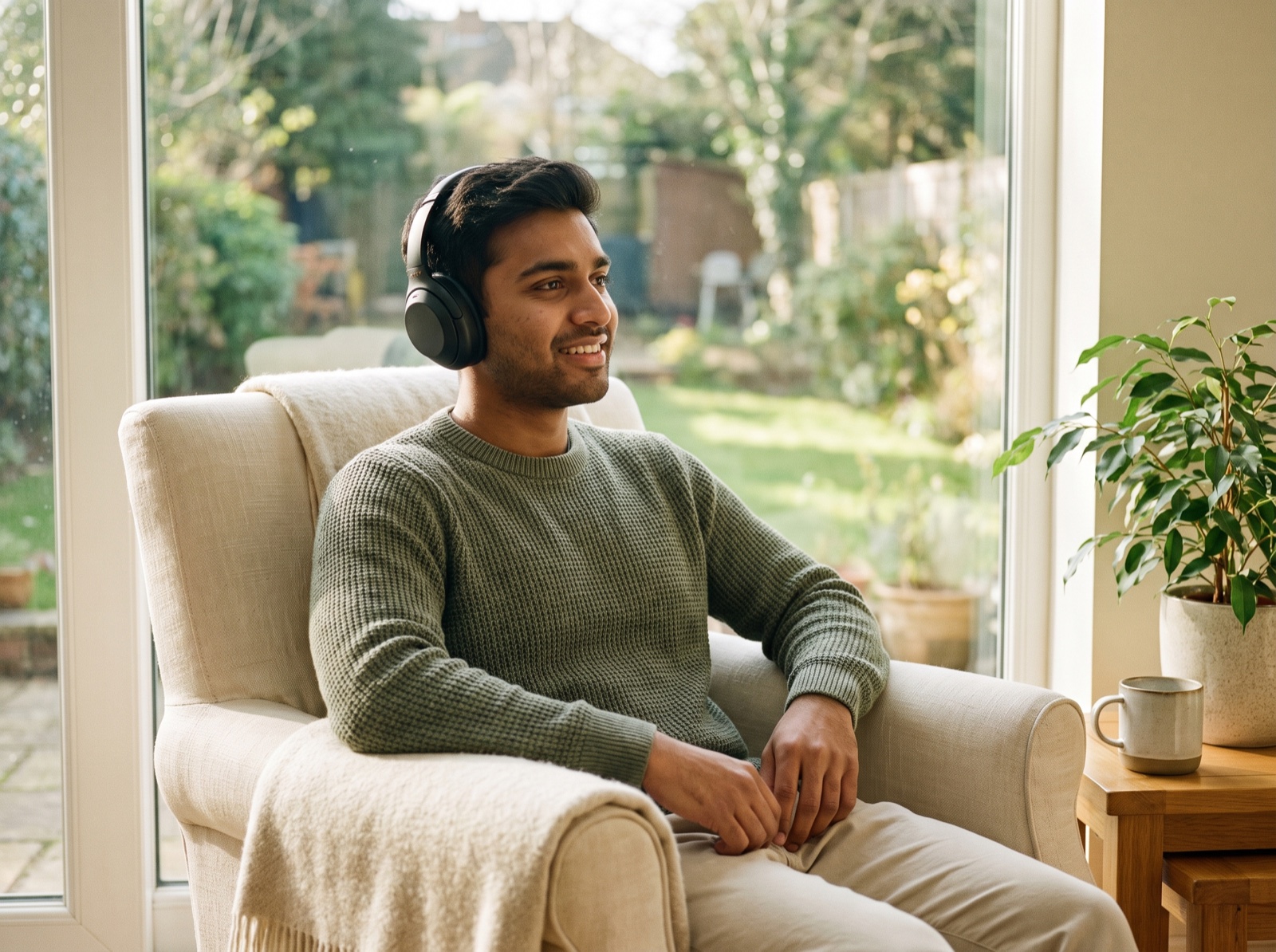 Young man smiling while listening to a guided meditation