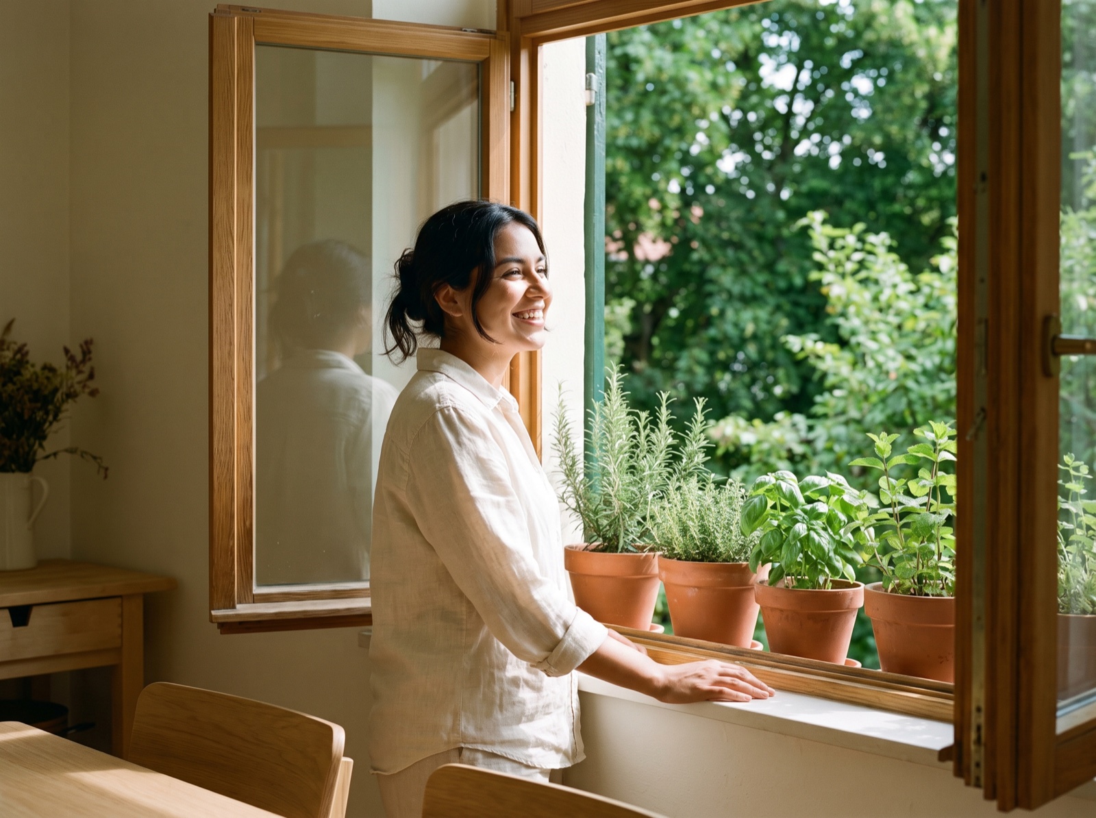Young woman smiling at an open window during a mindfulness practice