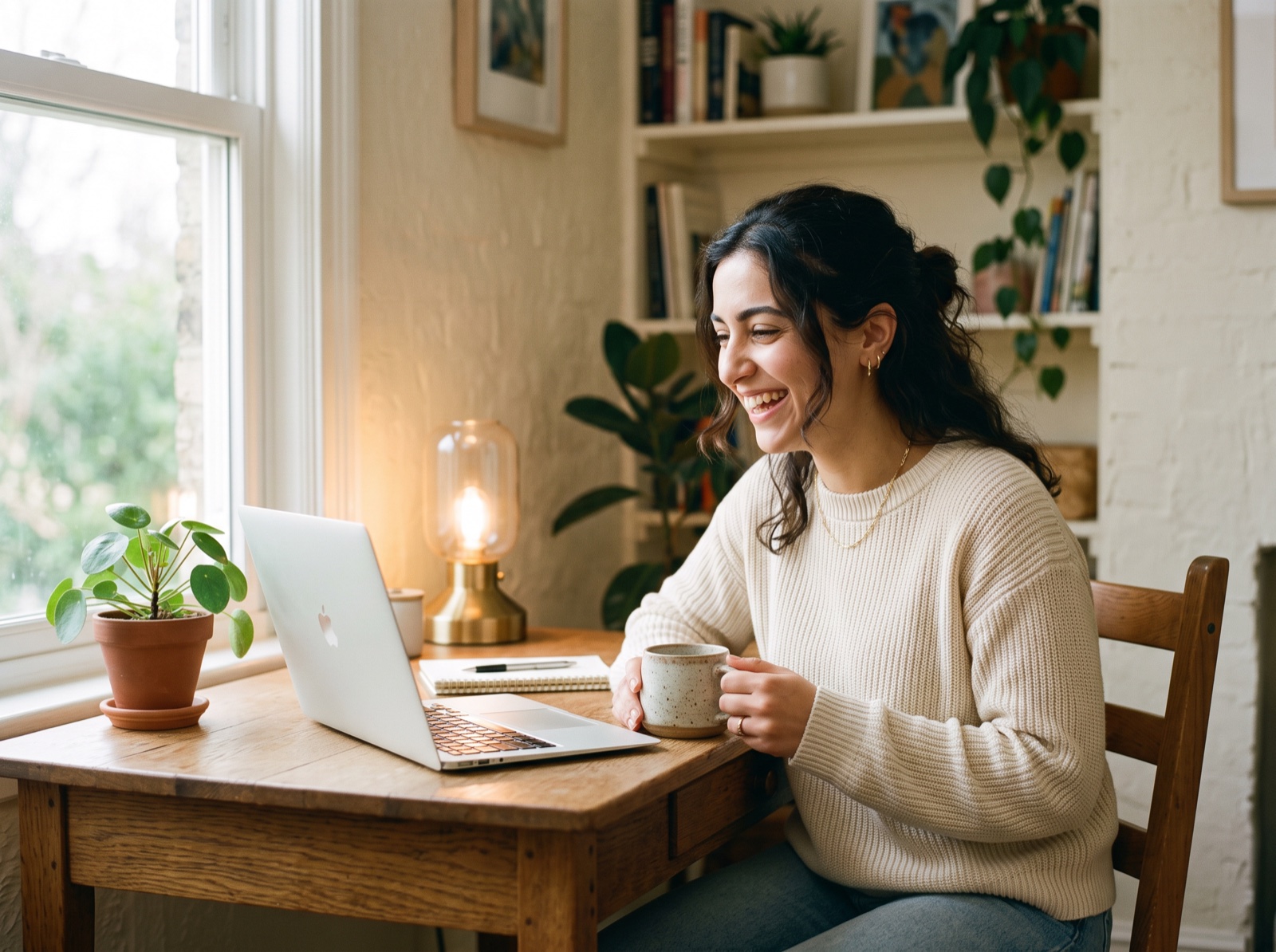 Young woman smiling while taking a self-assessment on a laptop