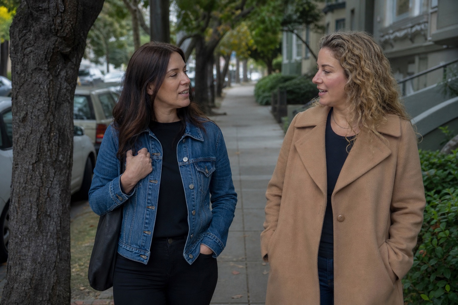 Two partners walk and talk together on a tree-lined city sidewalk after a session