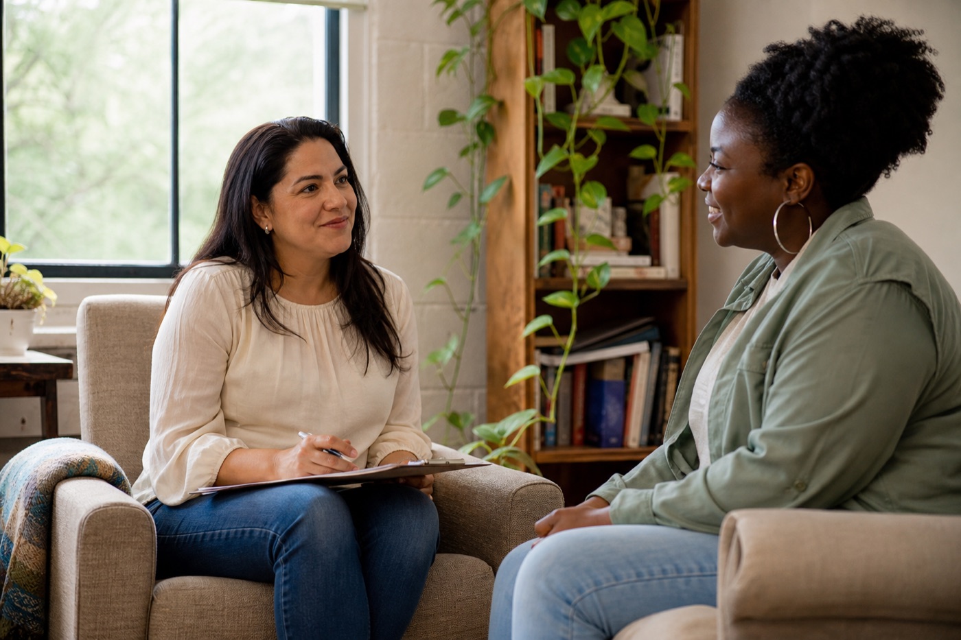 Uplifting EMDR therapy session in San Francisco with a warm trauma-informed therapist and hopeful client