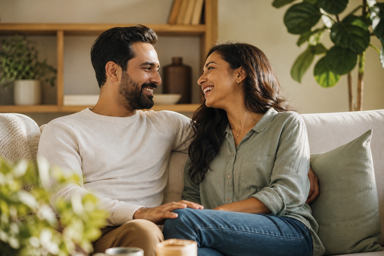 Couple reconnecting with warmth and ease after schema-aware couples work