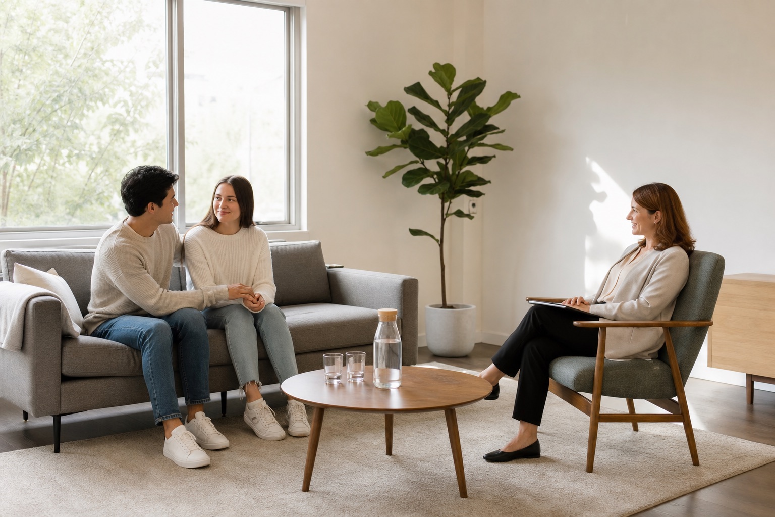 Couples session with a therapist in a warm studio