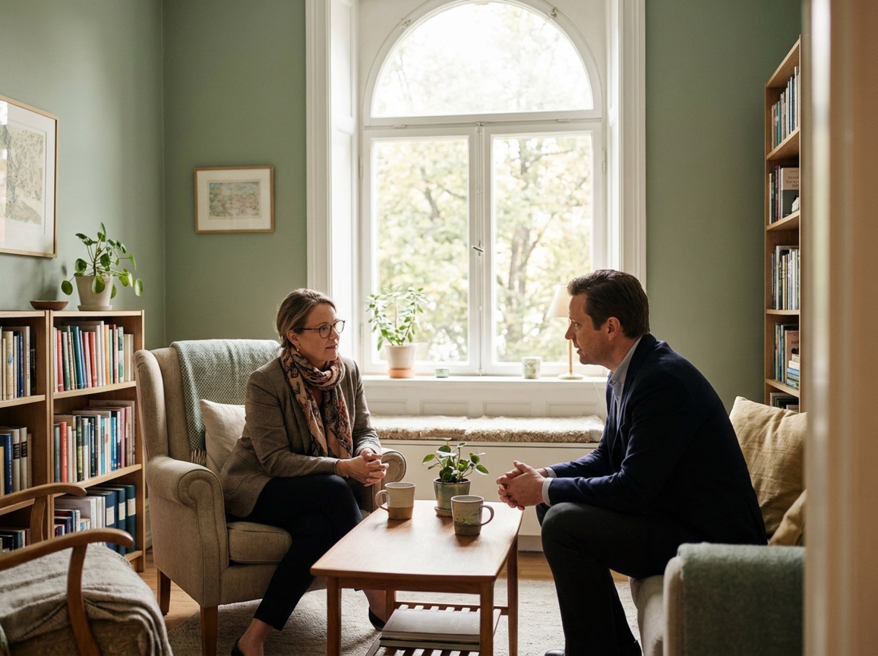 Psychologist and executive in a calm coaching conversation