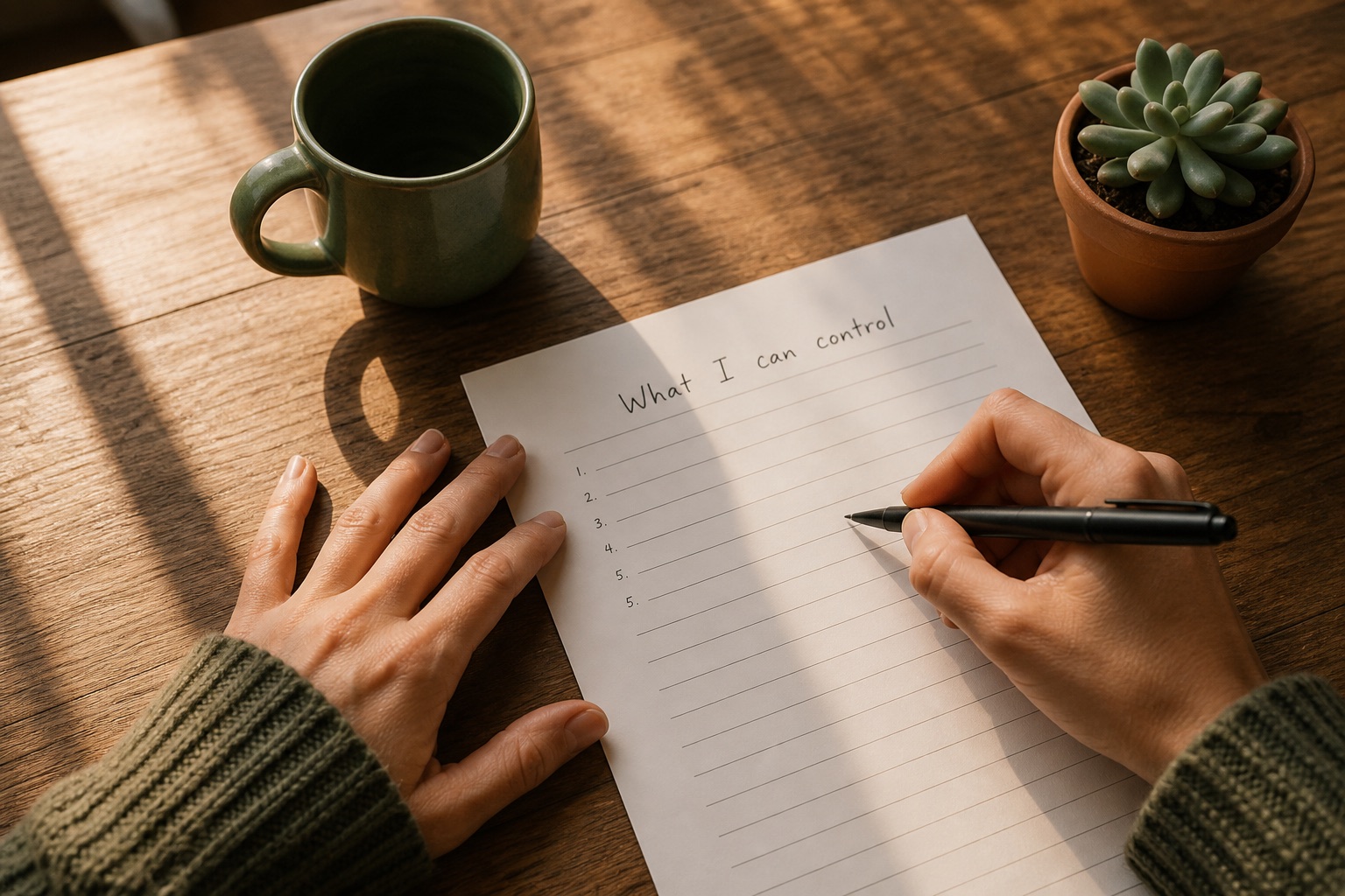 Hands filling out mental health exercises and worksheets at a table