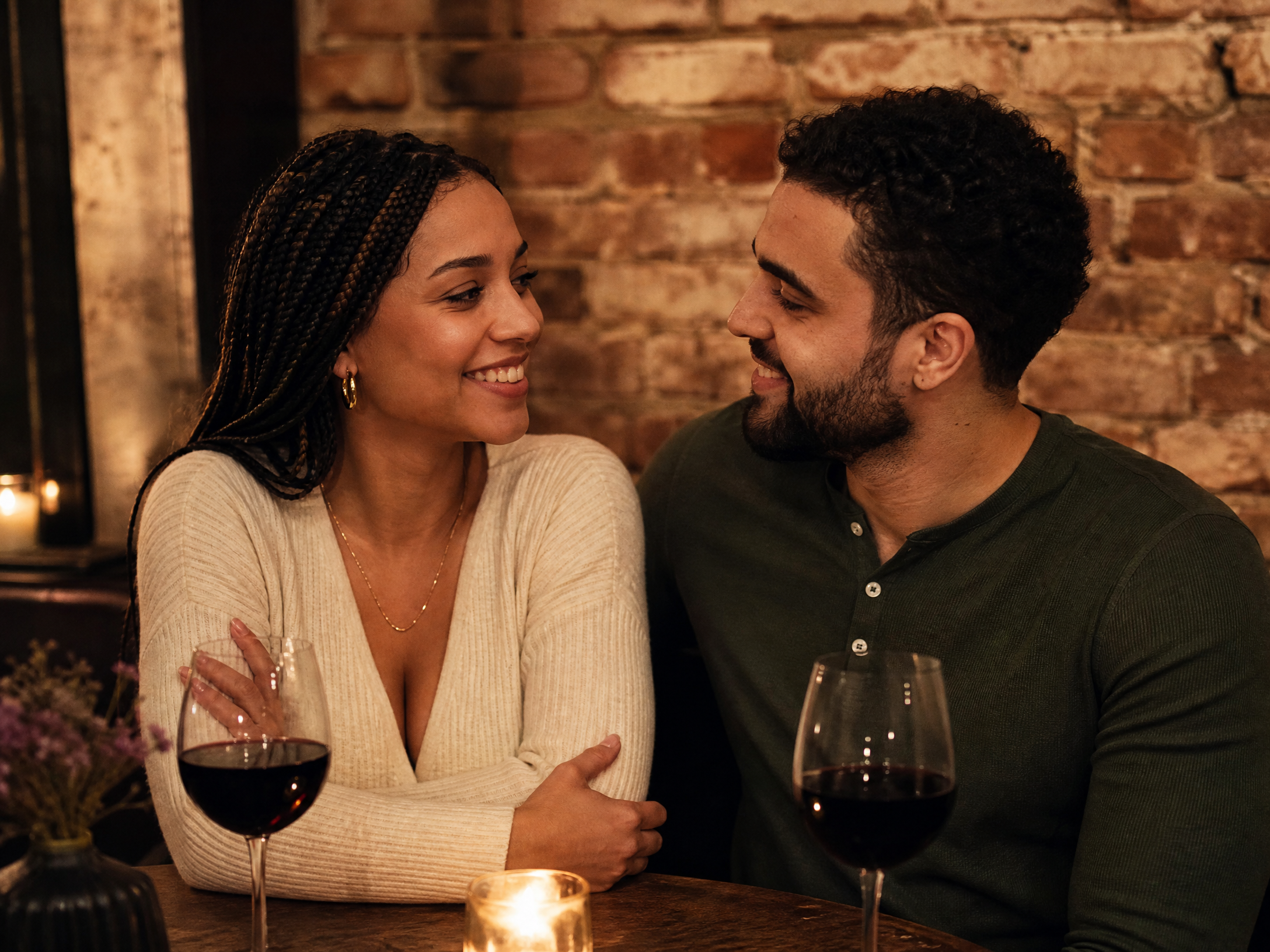 Two people having an authentic, connected conversation at a cafe