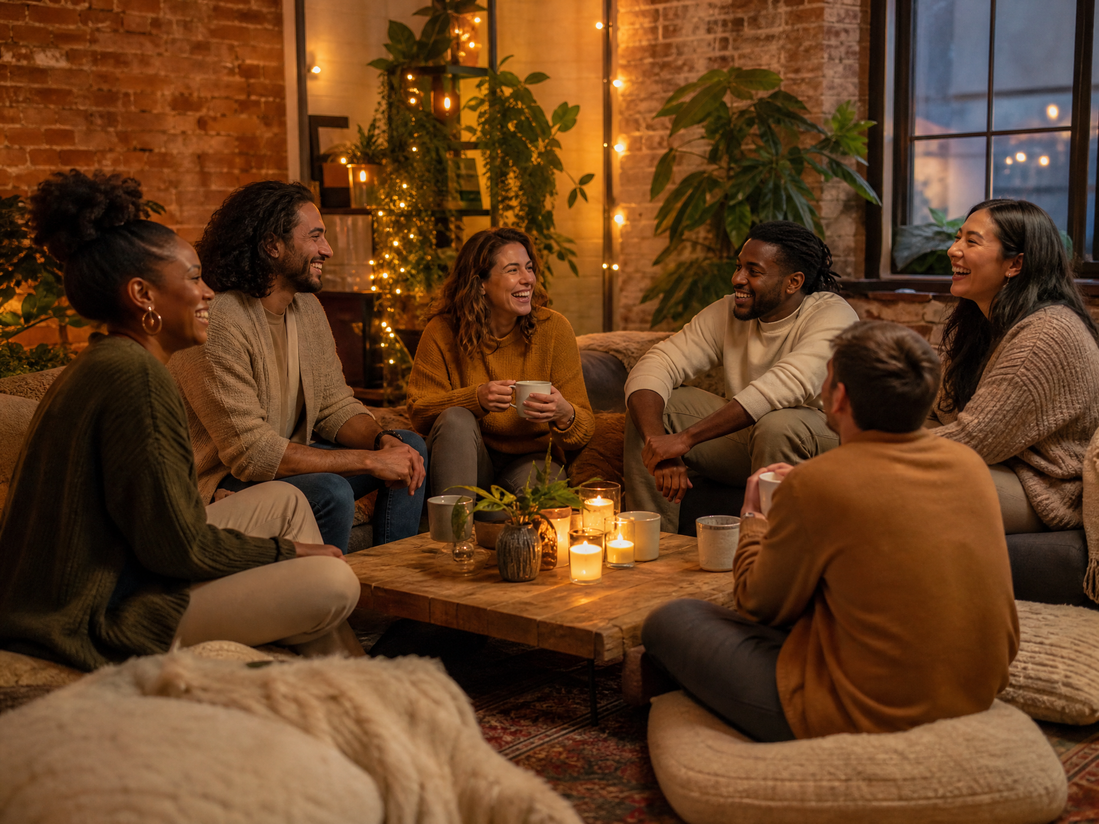 Diverse group of singles in a mindful dating therapy session