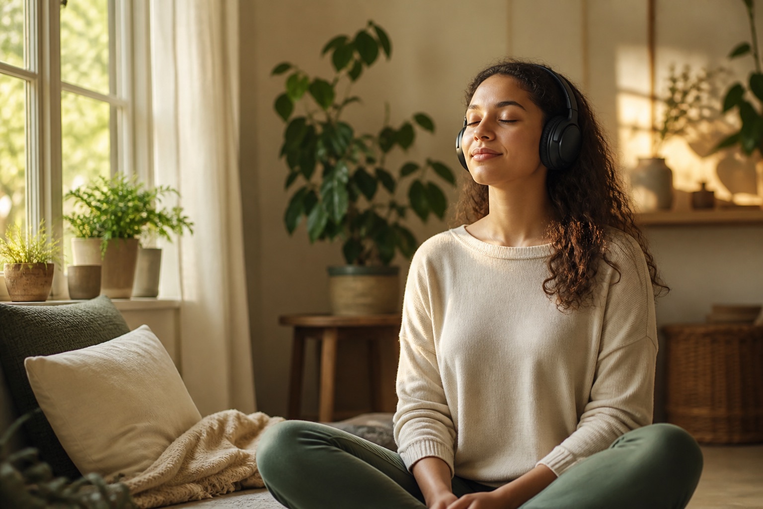 Person practicing guided mindfulness with headphones at home