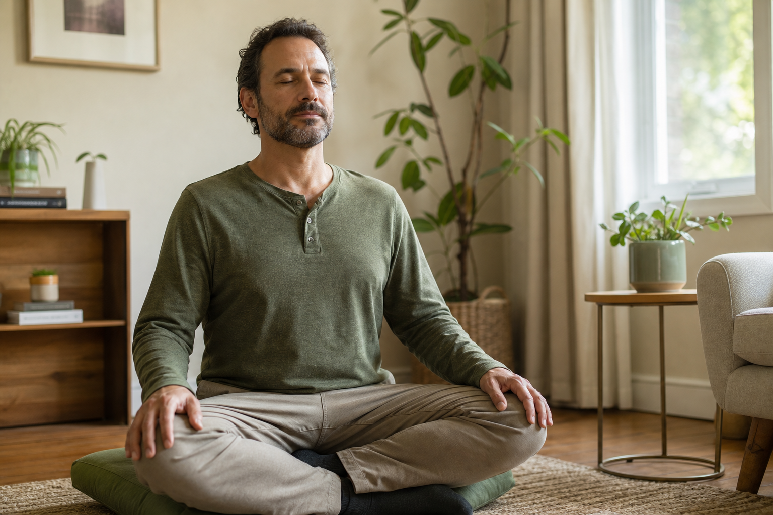 Person sitting quietly at home practicing mindfulness, without headphones