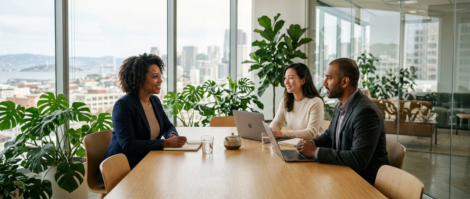 Clinical psychologist meeting with professionals in a modern office