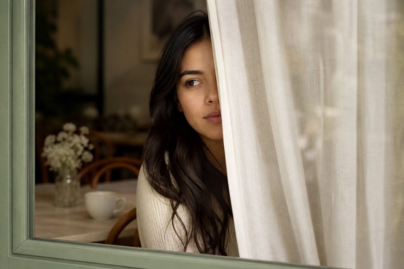 Person half-hidden looking outward with social caution