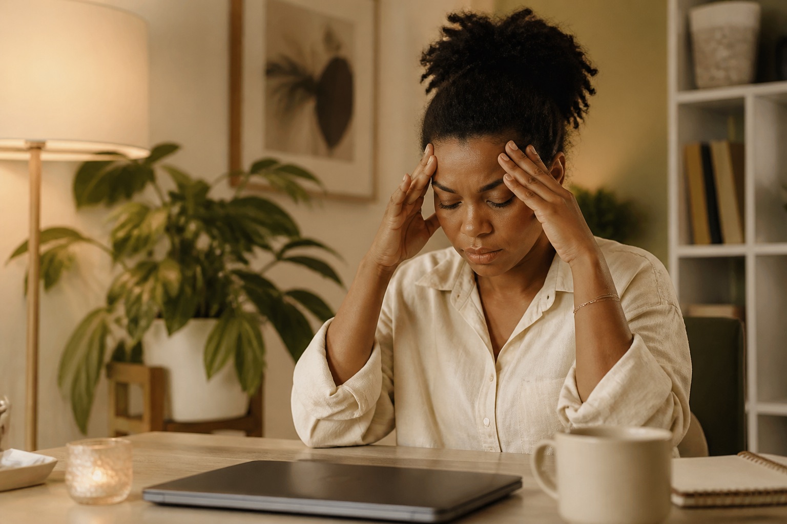 Person exhausted at a home office desk