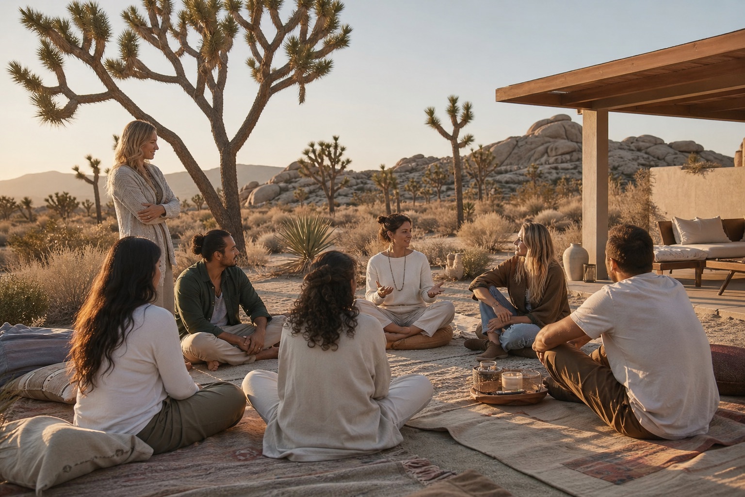 Group retreat circle in Joshua Tree desert landscape