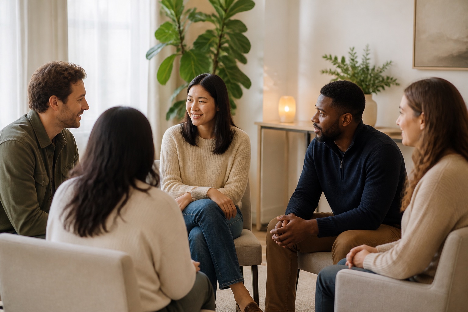 Small support group meeting in a calm therapy room