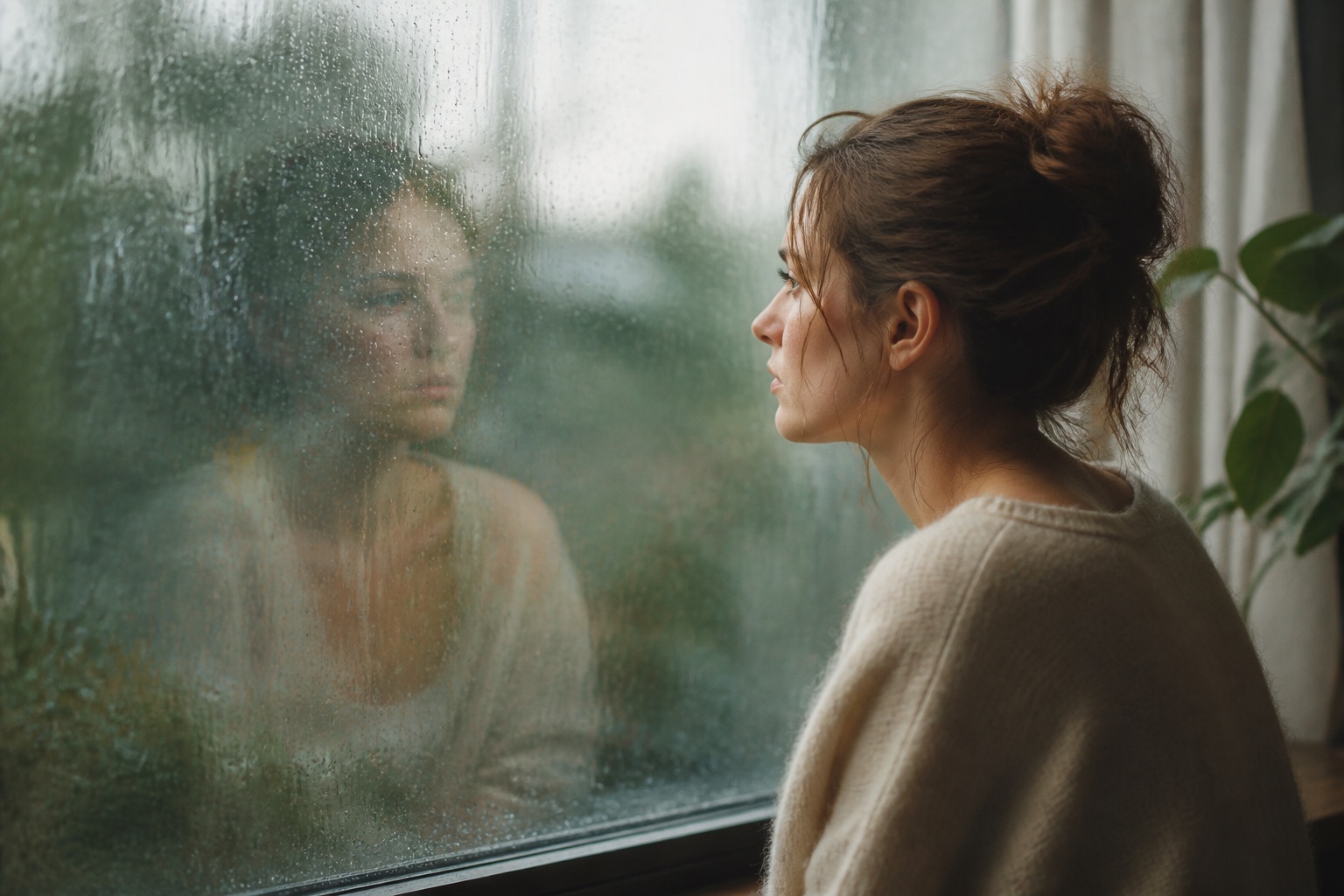 Person staring at a window reflection feeling detached