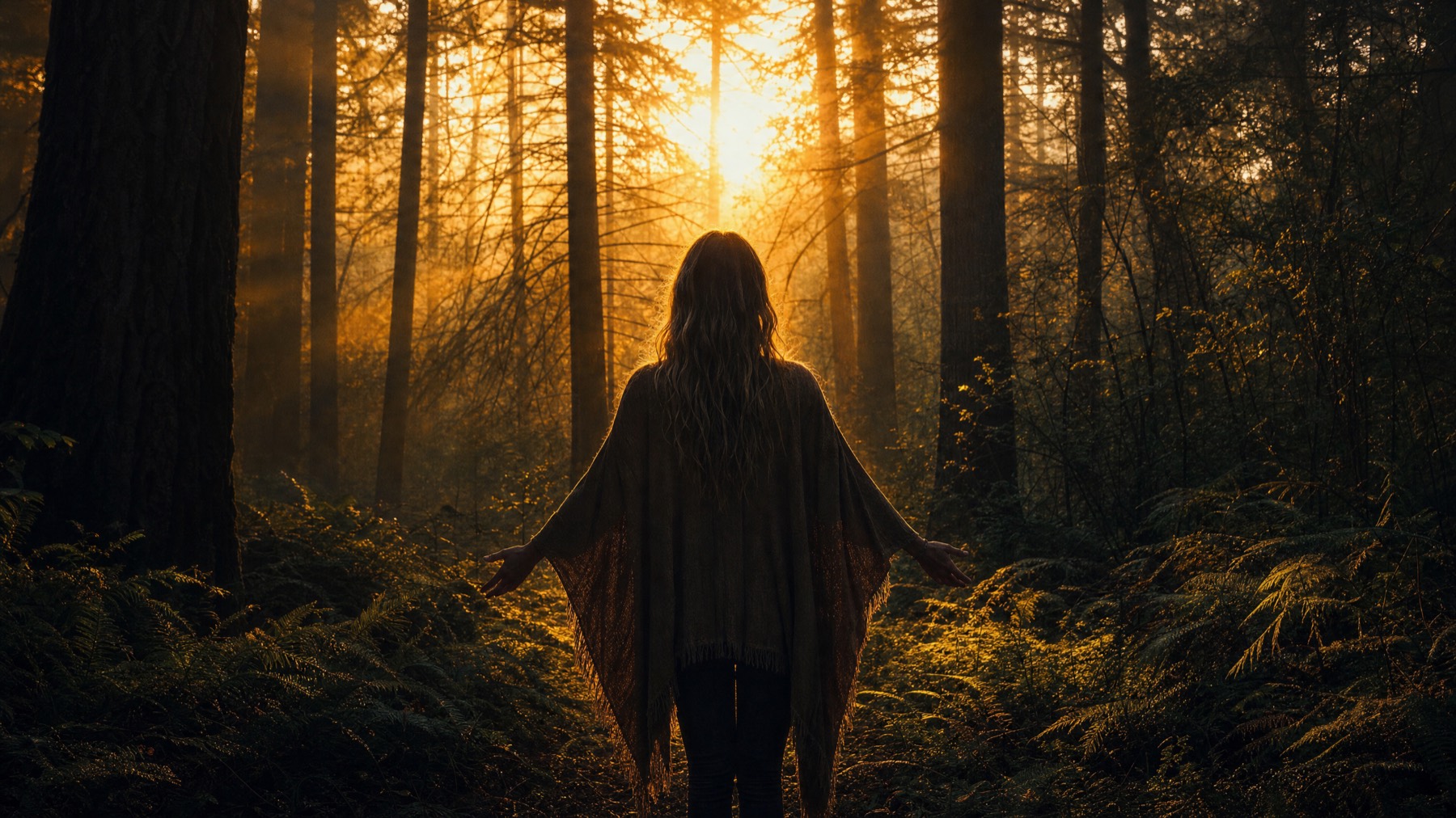 Woman in forest at golden hour