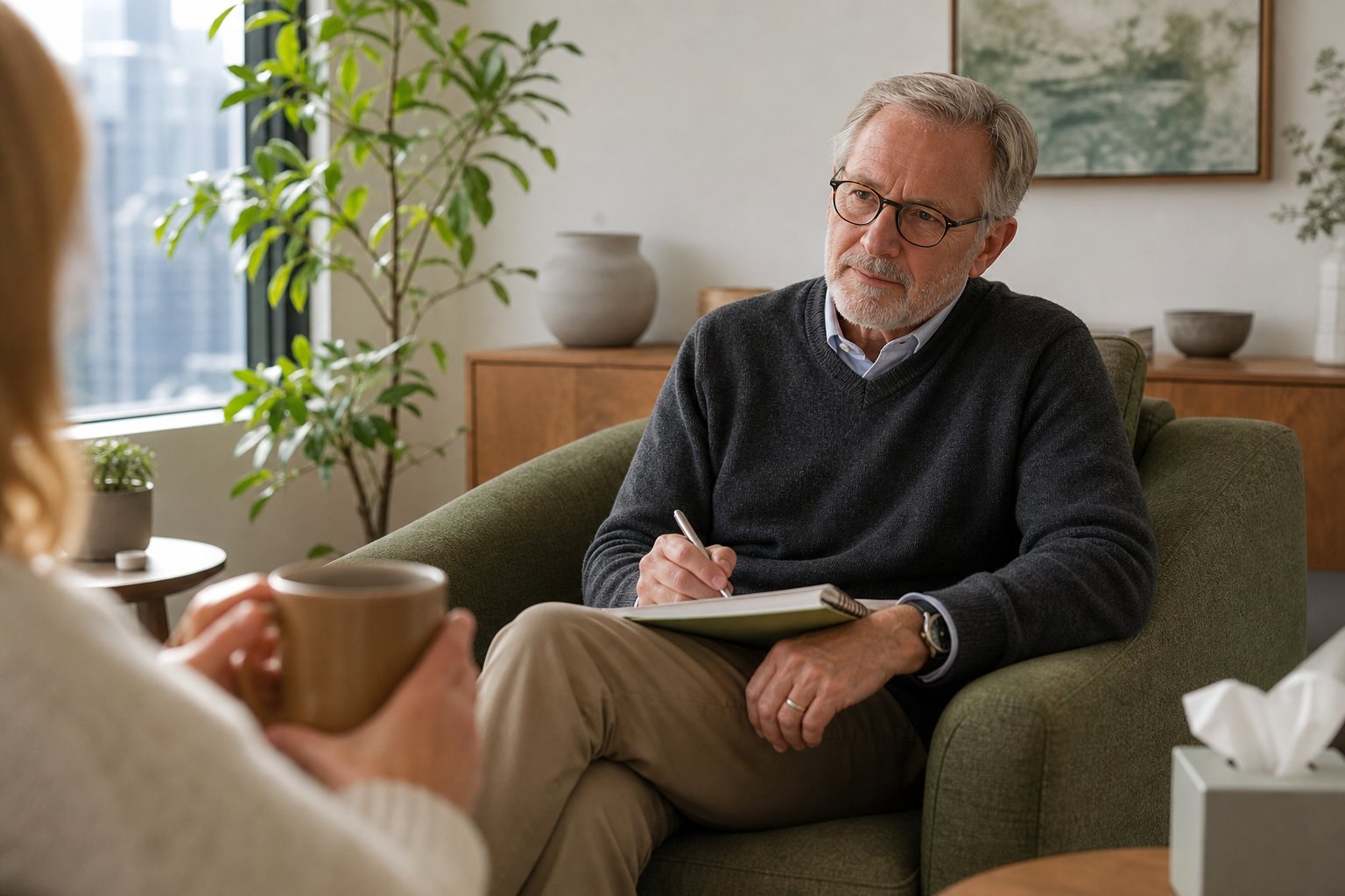 Phobia therapist near me in San Francisco listening compassionately in a CBT session