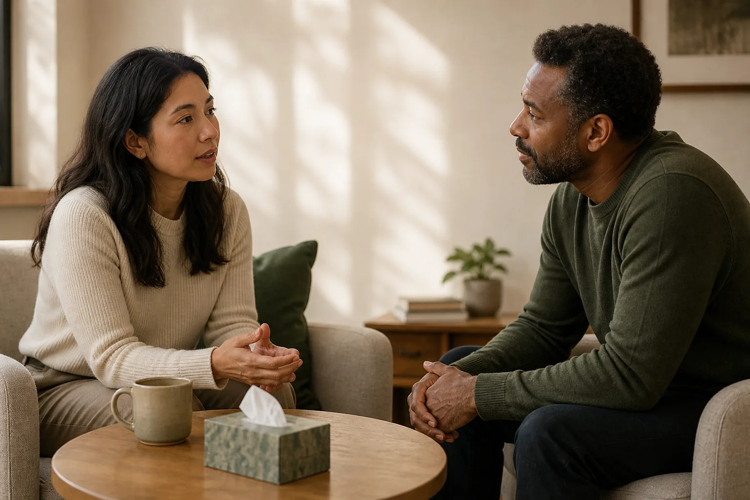 Two adults practicing empathic NVC listening across a table