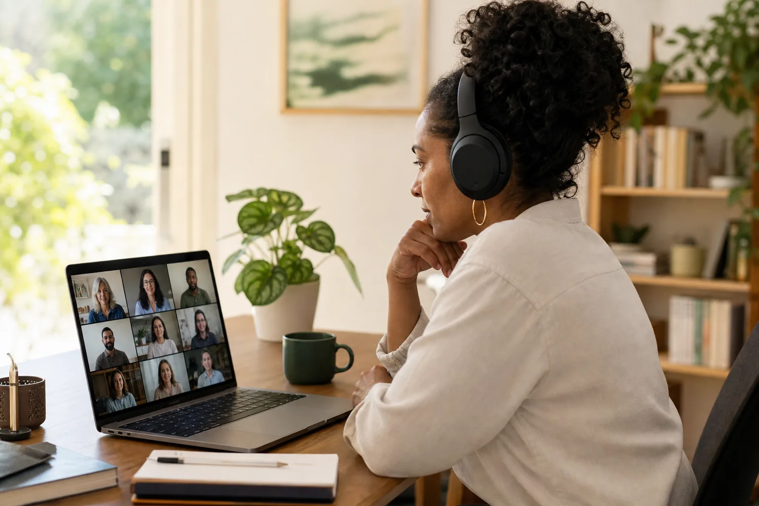 Adult joining an online NVC workshop from a calm home workspace