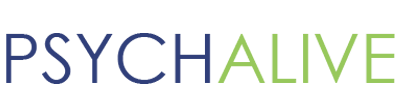 Logo of psychalive featuring the word "psychalive" in capitalized, colorful letters transitioning from blue at 'psych' to green at 'alive', symbolizing the journey in cbt for trauma.