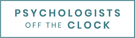 Logo featuring the phrase "PSYCHOLOGISTS OFF THE CLOCK" in uppercase, sans-serif font on a grey background, including the element "BAY AREA CBT CENTER.