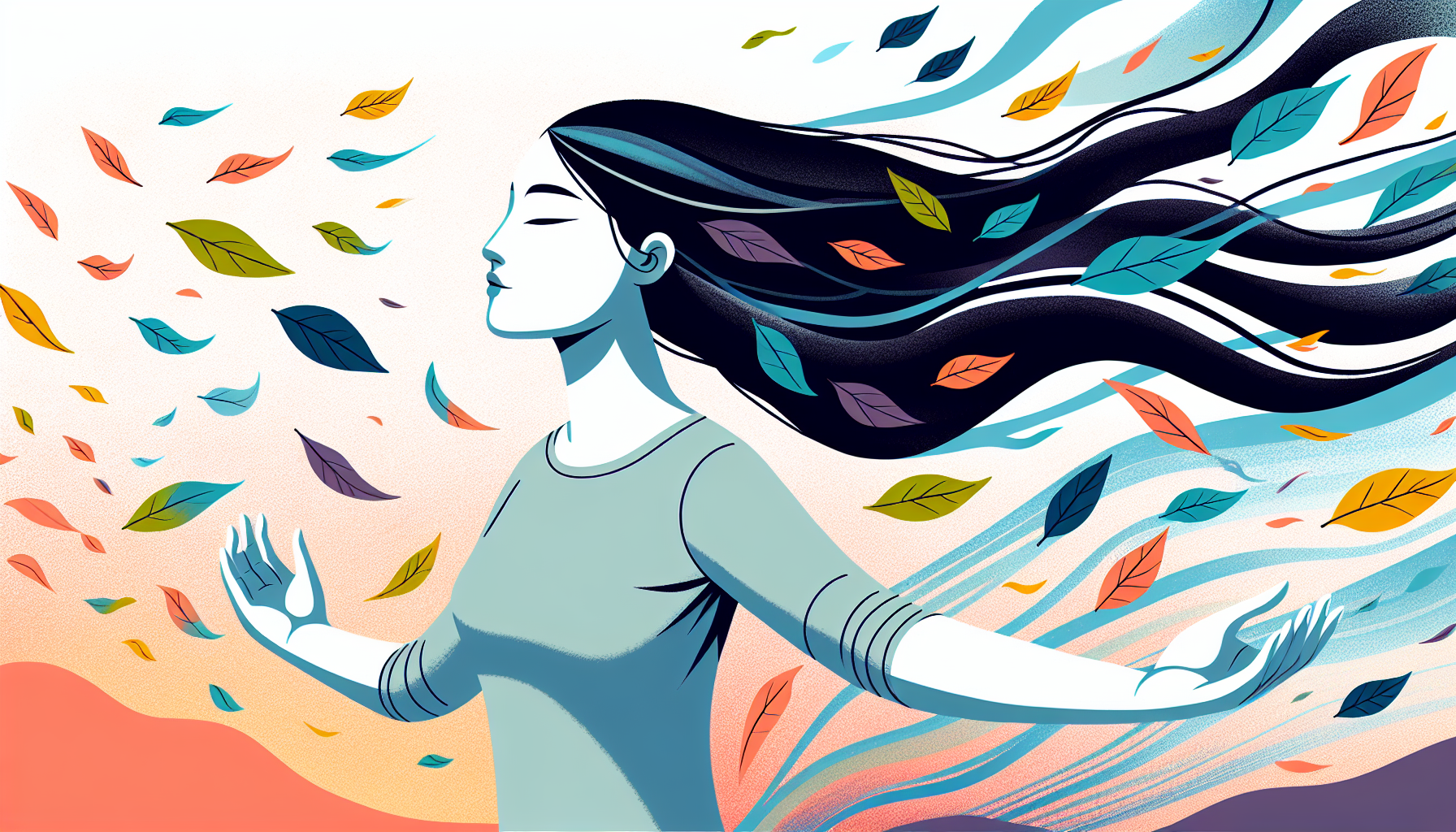 Illustration of a person embracing change and growth amidst swirling challenges