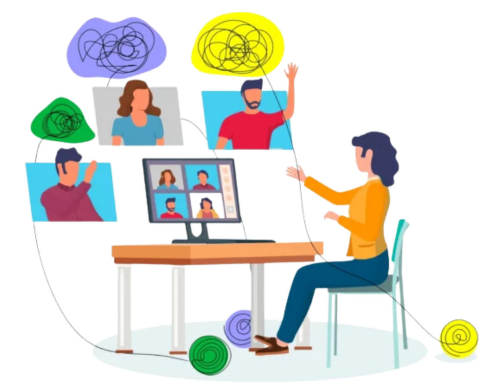 A person sits at a desk with a computer, participating in an online T-group session with three others. Speech bubbles containing tangled lines float above each participant, reflecting their complex thoughts. Colorful yarn balls lie around, symbolizing the threads of interpersonal mindfulness being woven together.