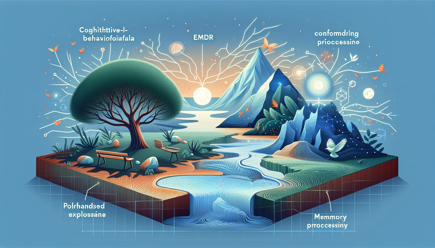 Illustration of various therapy approaches used in online trauma therapy