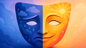 A mask split in half represents the emotional contrasts of bipolar 1 vs 2 treatment: the left side is sad with dark clouds and rain, while the right side is happy with sunlight and stars. Blue tones on the left convey darkness, whereas yellow-orange tones on the right radiate warmth and hope.