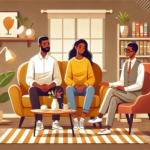 A couple sits on a couch talking to a San Francisco premarital therapist in an office adorned with bookshelves and plants, discussing important premarital counseling topics.