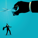 Silhouette of a large hand wielding scissors poised to cut the strings of a puppet-like businessman holding a briefcase, symbolizing control, manipulation tactics, and the effort to counter them.
