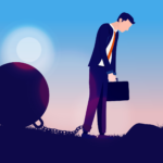 Illustration of a businessman chained to a large ball, walking forwards with a briefcase in hand against a sunset background, pondering when to go to therapy with San Francisco therapists at Bay Area CBT Center.