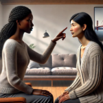 Two women sitting in a room, one gesturing with her finger while the other listens attentively. A picture of a bridge hangs on the wall behind them, symbolizing the journey they undertake together. One woman discusses treatment options such as EMDR to address feelings of limerence.
