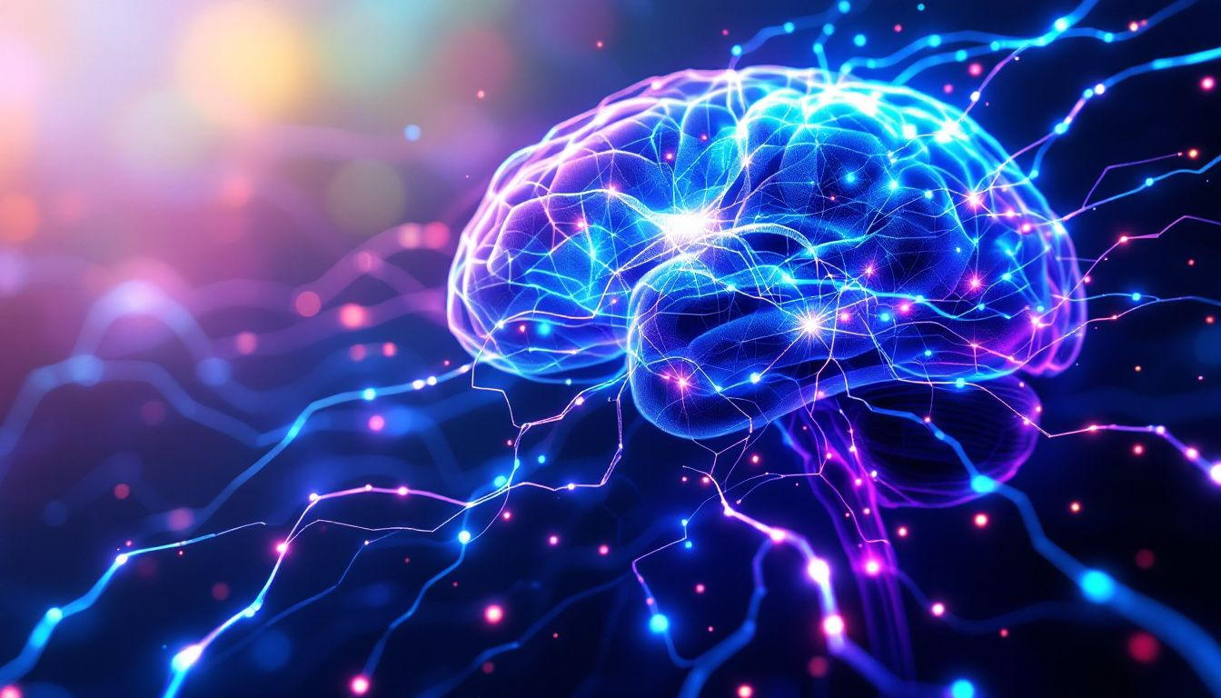 An illustration showing the human brain's neural pathways highlighting brain plasticity.
