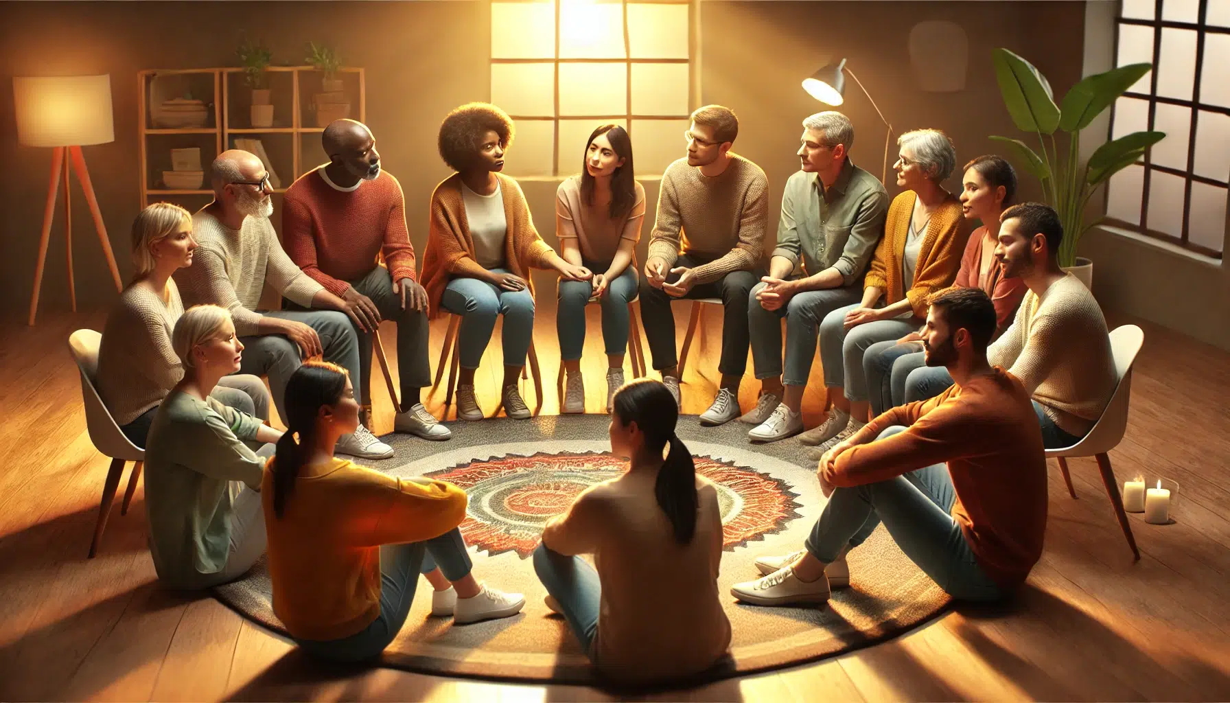 A diverse group of people participating in a narcissistic abuse support group.