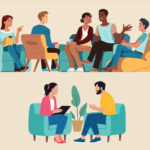The illustration presents two scenes Group Therapy vs Individual Therapy